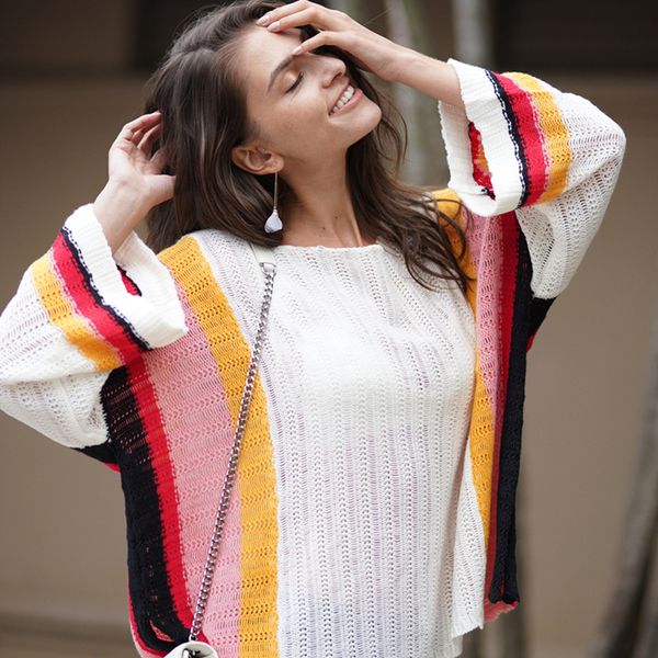 

fashion women's sweater autumn rainbow striped sweater women's sweaters pullover loose clothing, White;black