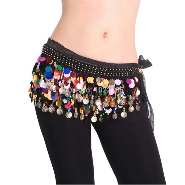 

dancing coin chain sequin belly dance hip skirt scarf wrap belt waistband, Black;red