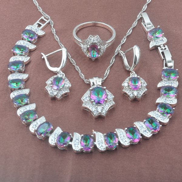 

2019 new jewelry sets 925 silver rainbow cubic zirconia women wedding jewelry earrings necklace pendant rings bracelet yz0579, Slivery;golden
