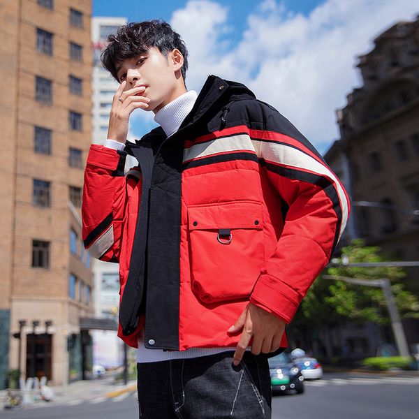 

drop shipping new quality winter warm thicken zipper color spliced coats mens hooded parkas style male short overcoat streetwear, Tan;black
