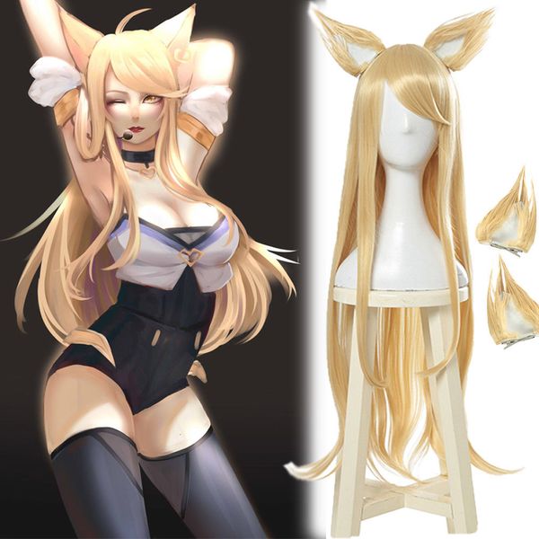 LOL KDA Ahri Cosplay Peruca Longa Em Linha Reta Cabelo Louro Dourado Peruca Com Orelhas Conjunto Completo