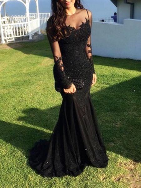 

long sleeves lace applique beaded mermaid evening gowns, White;black