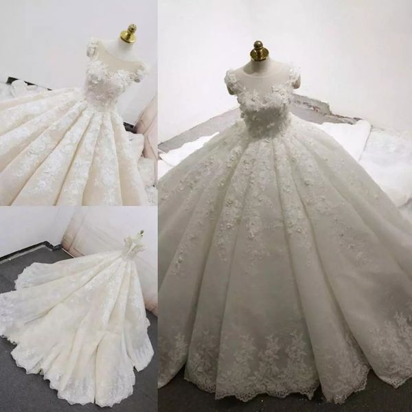 

роскошный шлейф бальное платье свадебные платья кружевные аппликации плюс размер sheer jewel свадебные платья princess ivory bride свадебные, White