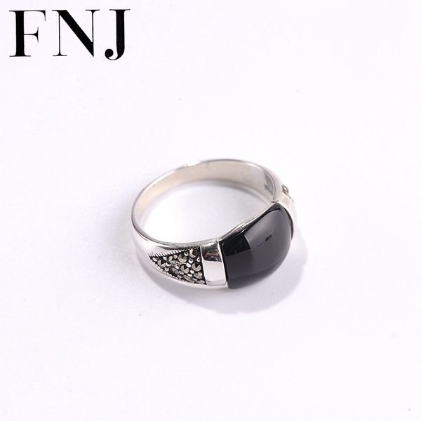 

fnj marcasite rings 925 silver adjustable size open s925 solid silver ring for women jewelry green black agate stone, Golden;silver