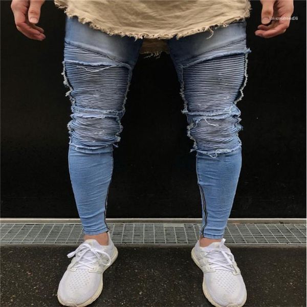 

designer jeans motorcycle knee hole zipper denim homme clothing stragiht regular button casual apparel mens fashion, Blue