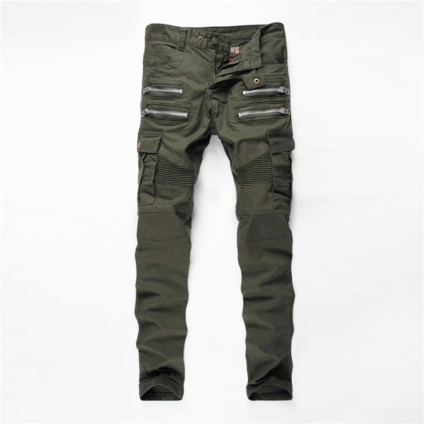 

2019 european style men's fashion brand casual fake zippers denim trousers jeans army green elastic slim straight jeans, Blue