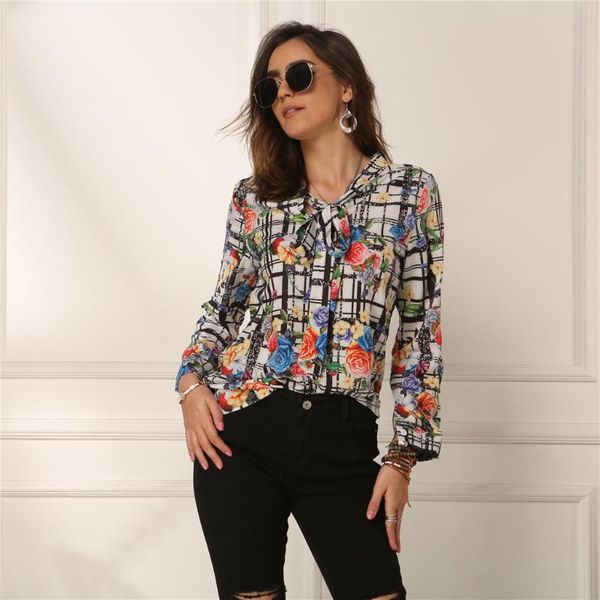 

women's blouses elegant print office women shirt 2020 fashion blouse women long sleeve bow collar 2020 spring, White