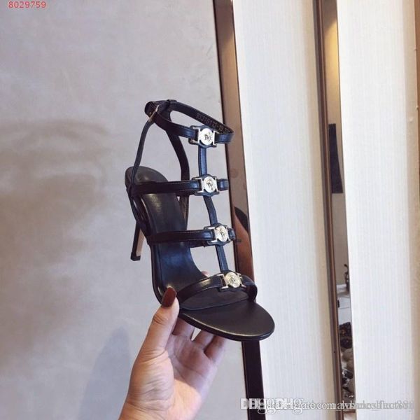 

2019 new runway style all imported leather, pure copper decoration haute couture fashion beautiful high-heeled shoes sandals, Black