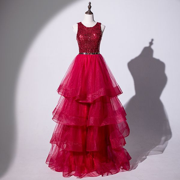 

dark red long prom dress layers tulle with sequins long evening dress with sash new arrival ing, Black