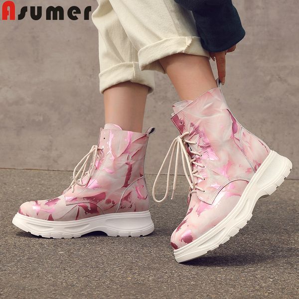 

asumer 2020 new genuine leather boots flat platform shoes ladies ankle boots lace up autumn winter women big size 34-42, Black