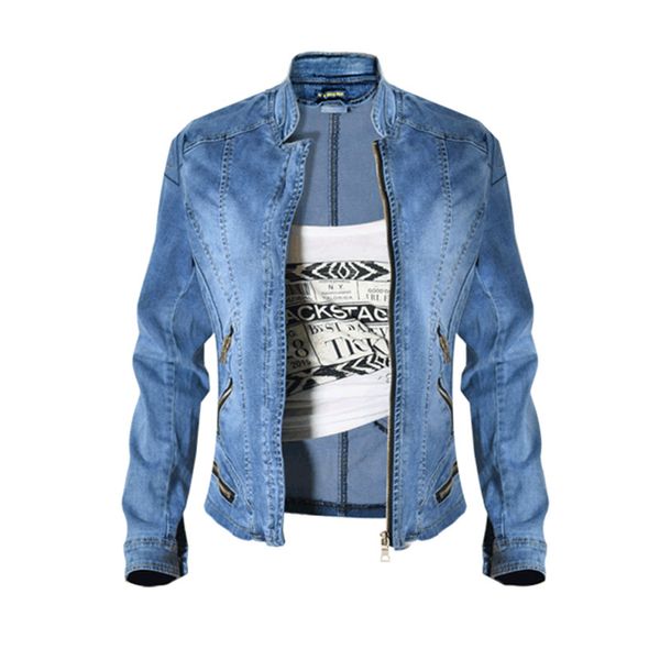 Atacado-2017 Dreamskull New Stand Collar Mulheres Baseball Jackets Estiramento Denim Jaqueta Multi-Zipper Curto Estilo Motor Chapaqueta Casaco Feminino