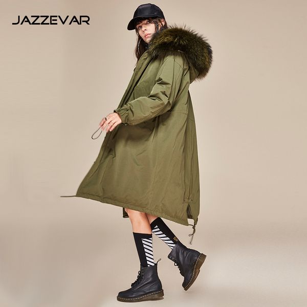 

jia zehua jazzevar new women's casual large size lengthened loose-fit over-the-knee genuine fur collar down jacket coat overcoat, Black;white