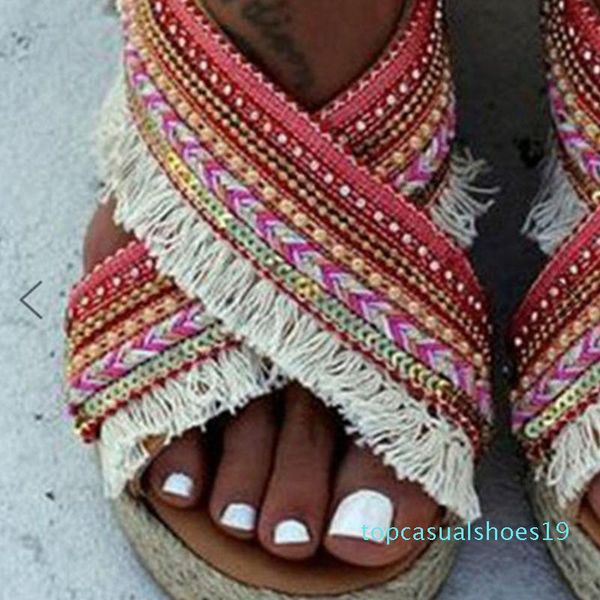 

ribetrini retro women summer shoes women back strap fringe flat sandals fringe open toe handmade sandals t19, Black