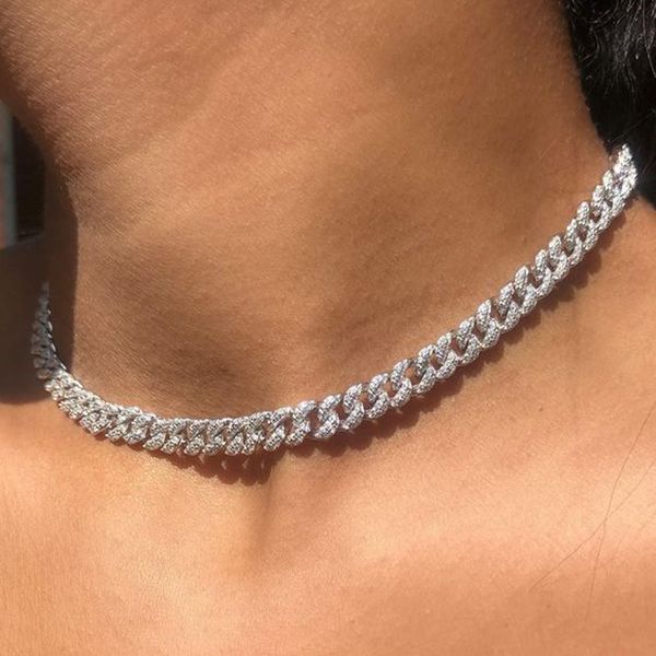 

5a cz paved cuban chain iced out bling 7mm miami cuban chain choker hip hop bling women necklace, Silver