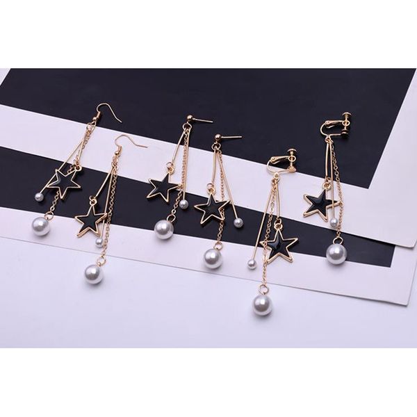 

suki geometry pentagram clip earrings no pierced ear pearl metal tassel clip on earrings women five-pointed star earring jewelry, Silver