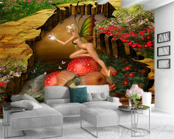 3d Photo Wallpaper Mural Grande borboleta Mushroom Elf personalizado Fantasia interior Caráter Decoração Wallpaper