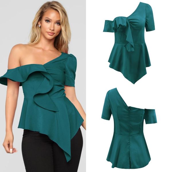

women one shoulder blouses shirt 2019 summer casual short sleeve ruffle irregular and blouses plus size party, White