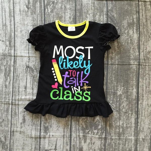 

new baby girls short sleeve boutique most likely to talk in class black shirts pencil ruffles clothes back to school cotton, White