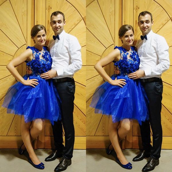

pretty royal blue 3d flower homecoming dresses asymmetrical lace mini cocktail party dress button short women gowns vestidos, Blue;pink