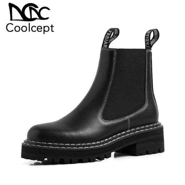 

coolcept women ankle boots real leather winter add fur keep warm flats shoes women black round toe casual short boots size 34-40
