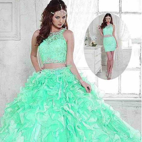 Плата Link 3 штуки кружевные платья Quinceanera Mint Beads Crystal Organza PROM BALL PLANDS Сладкие 16 платье