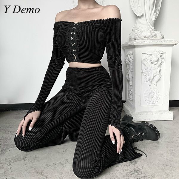 

new black elastic women buckles t-shirt and high waist flare pants casual gothic female set, Black;white