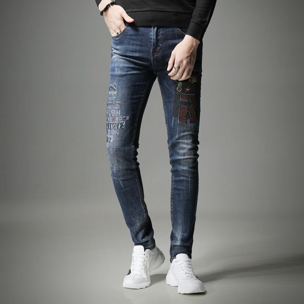 

autumn winter fashion men print embroidery stretch straight blue jeans
