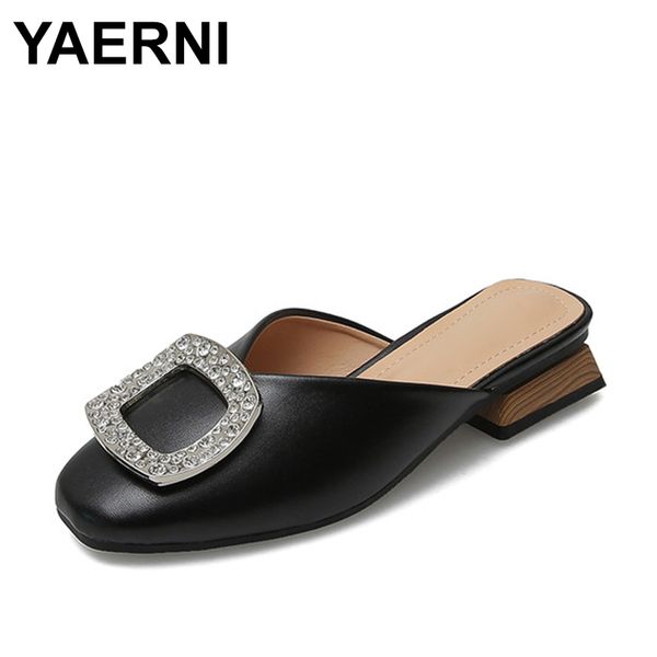 

yaerni crystal decoration slippers women square buckle closed toe slides shoes woman wood chunky heel pantoufle big size, Black