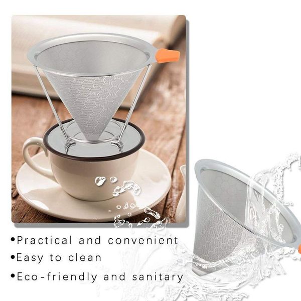 

Pour Over Coffee Filter Reusable Beehive Double Mesh Stainless Steel Cone Coffee Dripper Paperless with Separate Stand Spoon Cle