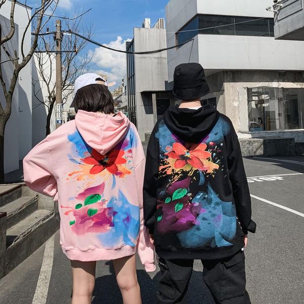 

ins personality painted printing guochao lovers autumn hooded sweater men autumn loose hooded jacket bf, Black