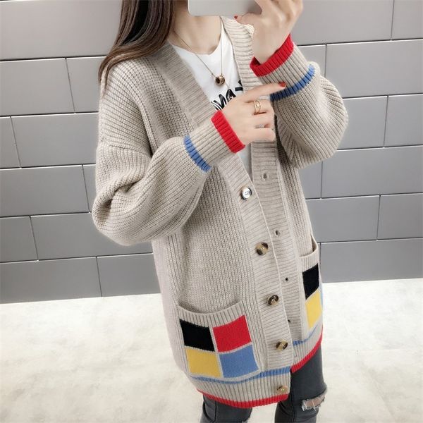 

women's knits & tees [ewq] 2021 early autumn v-neck color matching pocket button long-sleeved loose coat fashion trend women knit sweat, White