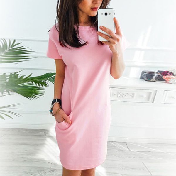 

women summer dress round neck short sleeve solid party pockets casual dresses woman party night beach dress vestidos verano 2019, Black;gray