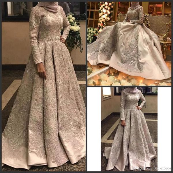 

2019 арабский aso ebi высокая шея свадебные платья роскошные длинные рукава кружева аппликация-line блестками плюс размер свадебное платье, White