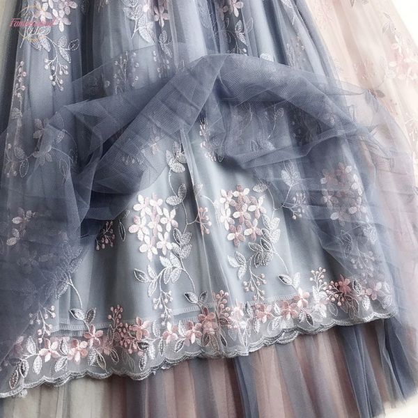 

long skirts long skirt summer 2019 floral embroidery tulle skirts high waist a word high waist pleated skirt female tutu skirts, Black