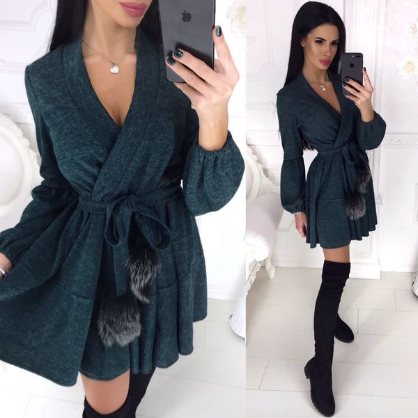 

New Spring Winter Women Colors Cotton Sashes Hairball V-neck Fit and Flare Casue Warm Long Sleeve Dress Sexy elegant Vestidos