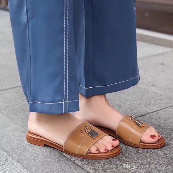 

luxury women designer slides lock it flat mules real leather summer ladies sandals outdoor beach flip flops slippers with box us 11, Black