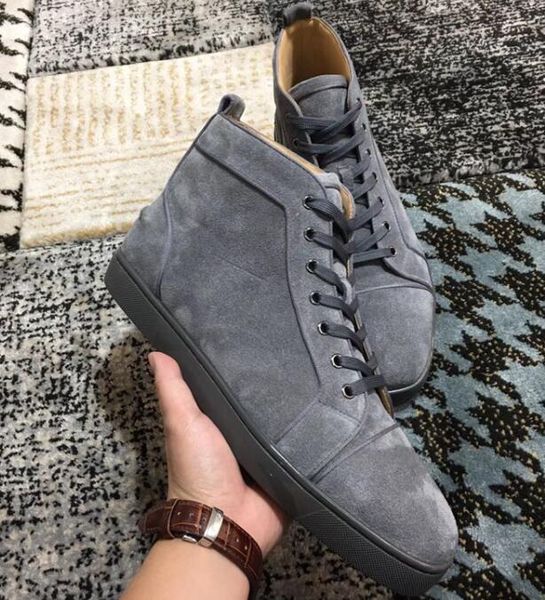 

italy design red bottom veau velours sneaker high lace-up shoes men's sneaker red rubber sole grey suede men flat orlato rantus l14, Black