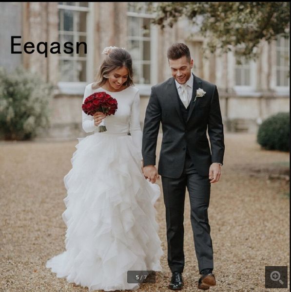 

robe de mariage a line long sleeve open back wedding dress ruffled floor length with sashes formal wedding gowns selling, White