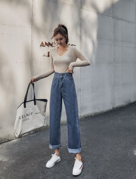 

черника расширенная эластичный пояс джинсы женский, Blue