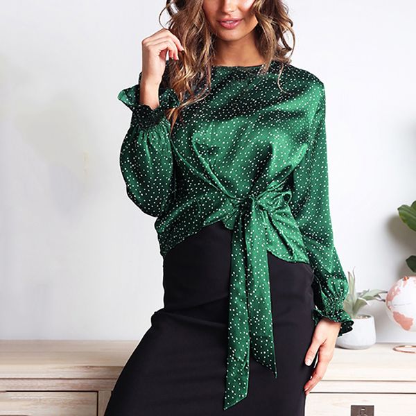 

blouse women autumn boho beach long sleeve bow hem work business shirt polka dot loose elegant femininas blusas, White