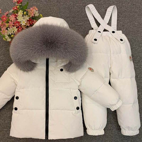 

dollplus 2019 russian winter children clothing sets boy girls down coat real fur+pants warm children's snowsuit outdoor ski suit, White