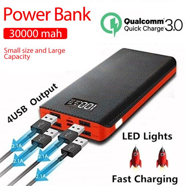 

2020 portable 30000mah power bank 4-usb ports external battery power bank lcd display led digital display for smart phone