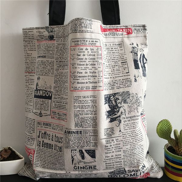 

yile cotton linen eco market shopping tote shoulder bag print illustration newspaper 8417d