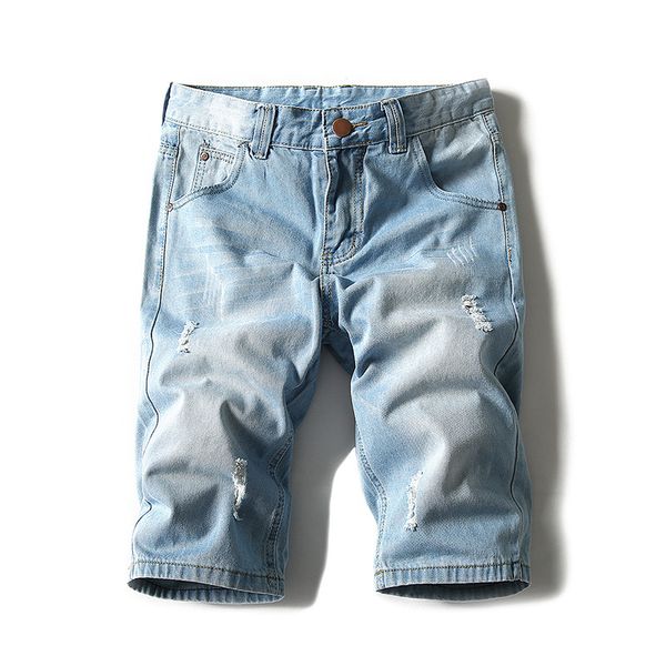 

cross border specifically for foreign trade men's jeans light blue casual 5 pants summer with holes denim shorts