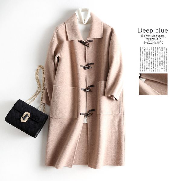 

new japanese long milk and college wind wool coat, oat corner button double-sided cashmere coat, 2019, Black