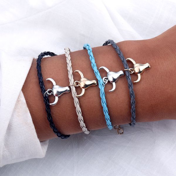 

punk cow head rope charm bracelet set for women ladies string chain bracelets jewelry accessories gifts, Golden;silver