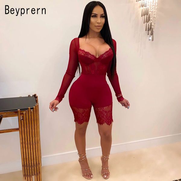 

beyprern chic long sleeve lace insert romper elegant perspective lace patchwork bodysuit womens skinny club overalls wholesale, Black;white