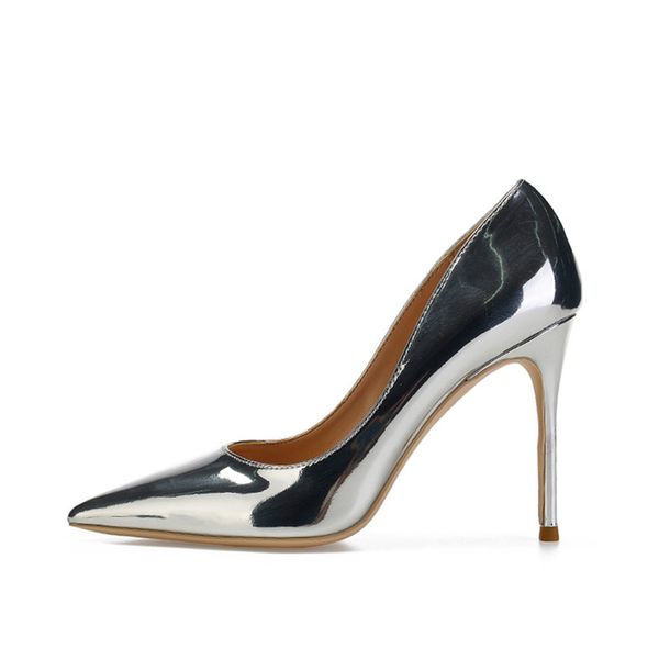 

35-45 women high heels 2019 shiny gold heels stiletto patent leather ladies pumps gold pointy metallic sliver wedding shoes, Black