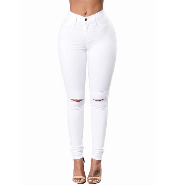 

solid casual jeans women high waist skinny pencil denim pants embroidery ripped hole elastic stretch jeans women slim fit, Blue