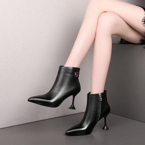 

short boots fashion boots leather pointed thin heel high heel shoes, Black